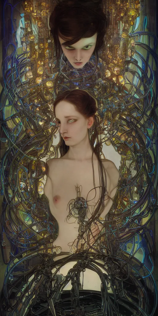 Image similar to dark cyberpunk woman amongst cables and computers by johnson tsang and alphonse mucha, portrait, fantasy, clear, soft, uhd, amazing depth, cinematic lighting