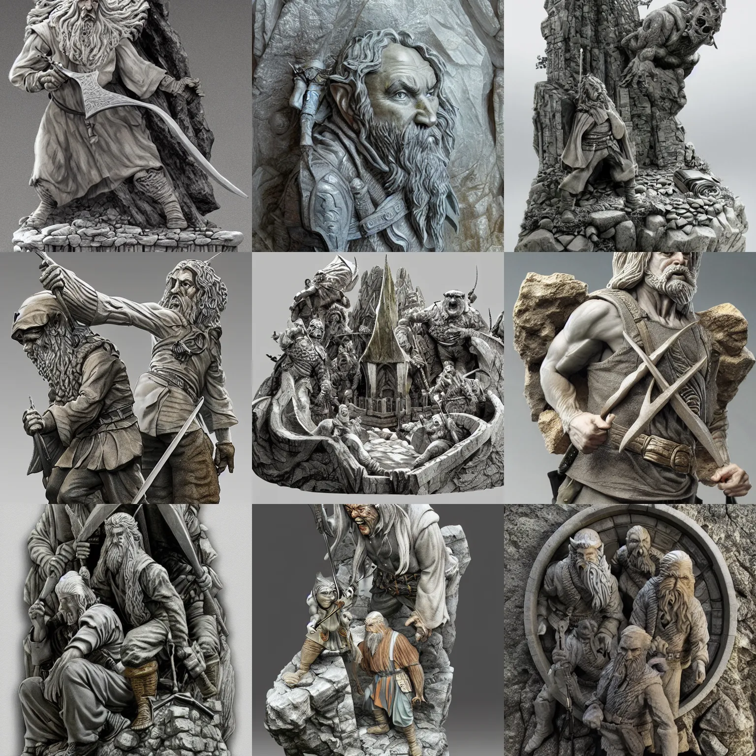 Prompt: impressive marble sculpture depicting the hobbit victory over the goblins by alan lee, intricate, highly detailed stonework, digital painting, artstation