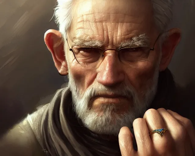 Image similar to old man wearing a ring on each finger, deep focus, d & d, fantasy, intricate, elegant, highly detailed, digital painting, artstation, concept art, matte, sharp focus, illustration, hearthstone, art by artgerm and greg rutkowski and alphonse mucha