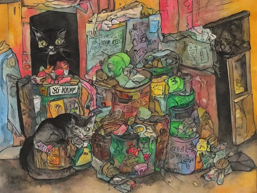 Image similar to a little alley cat living inside trash at night in downtown, in the style of kahlo and matisse