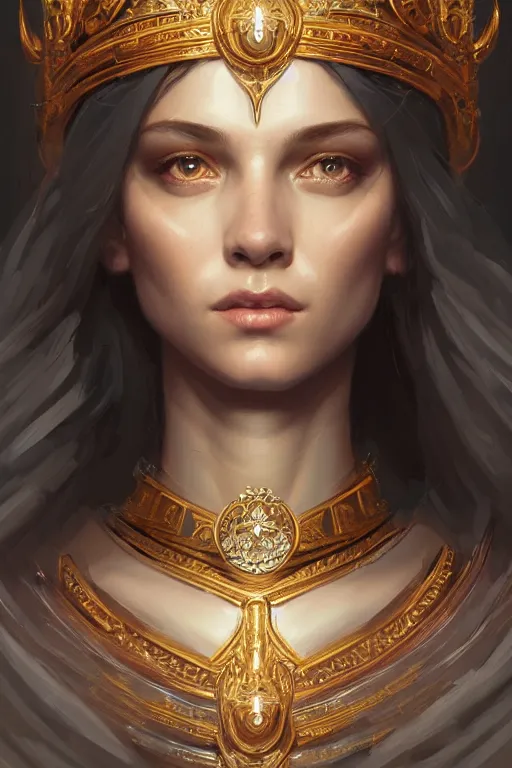 Prompt: highly detailed portrait of an elegant goddess, ornate crown, beautiful symmetrical face, digital painting, artstation, concept art, smooth, clear focus, illustration, greg rutkowski, artgerm, global lighting, detailed and fantasy