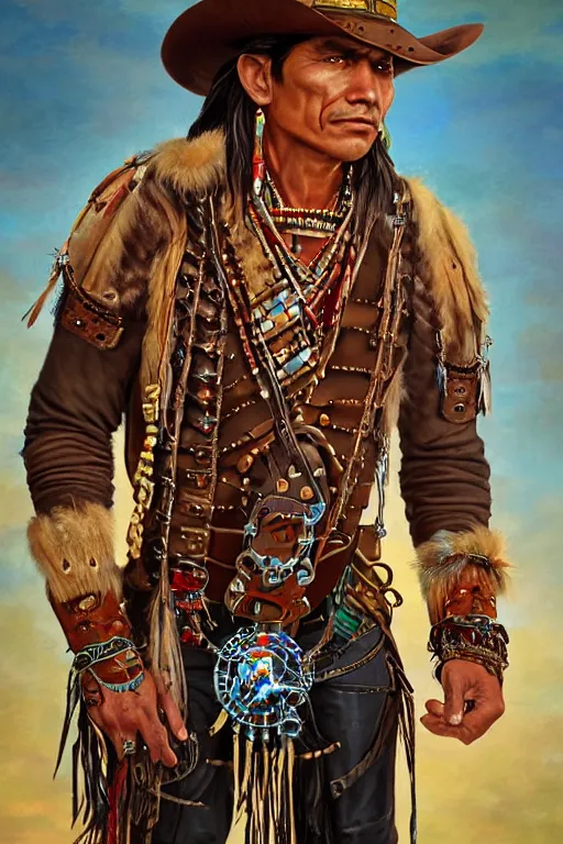 Prompt: thin native american indian man in his early 3 0 s, wearing traditional cargo buckskin jacket buckskin tactical toolbelt pockets bandolier full of trinket and baubles, steampunk arcane shaman, deadlands, weird western, by steve henderson, sandra chevrier, alex horley