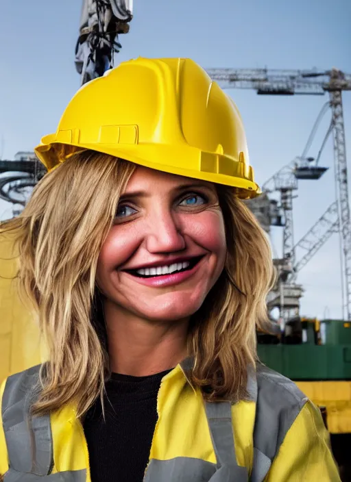 Image similar to closeup portrait of cheerful young cameron diaz as a crane operator, yellow hardhat, sitting in a crane, natural light, bloom, detailed face, magazine, press, photo, steve mccurry, david lazar, canon, nikon, focus