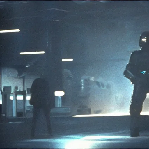 Prompt: Terminator film scene, atmospheric light, terminator factory, 1980s cinematography, still from the film - 640