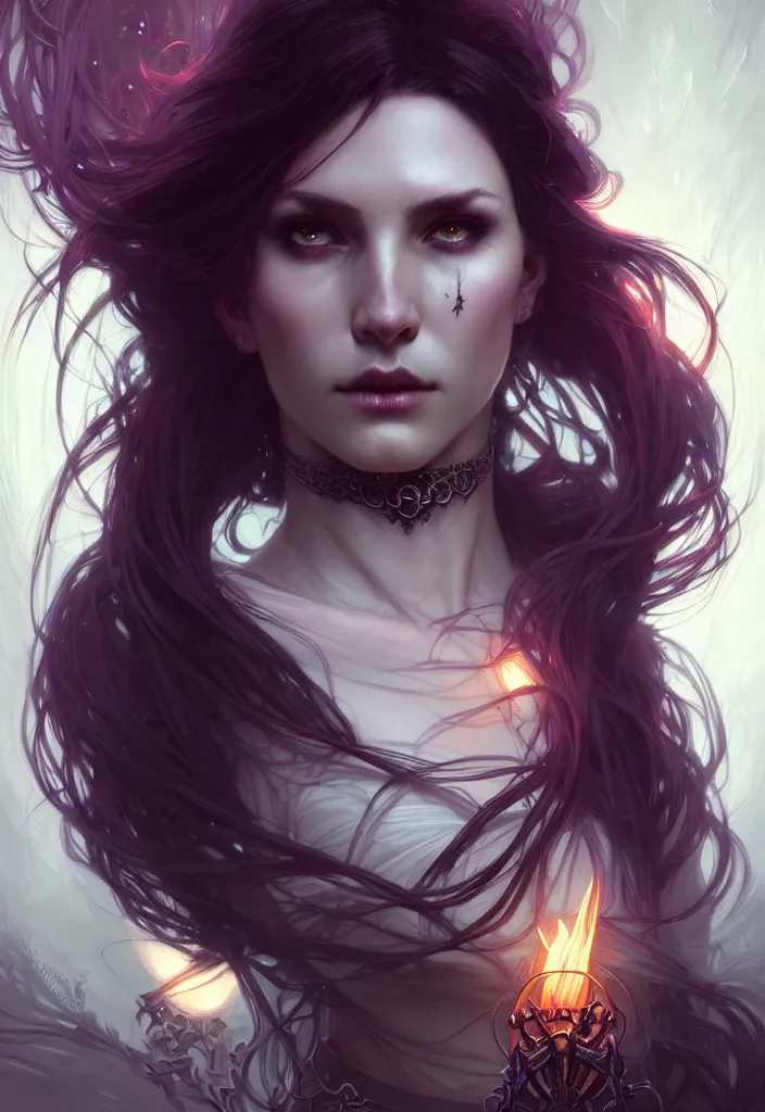 Image similar to Necromancer Sorceress, fantasy magic, undercut hairstyle, dark light night, intricate, elegant, sharp focus, illustration, highly detailed, digital painting, concept art, matte, art by WLOP and Artgerm and Greg Rutkowski and Alphonse Mucha, masterpiece