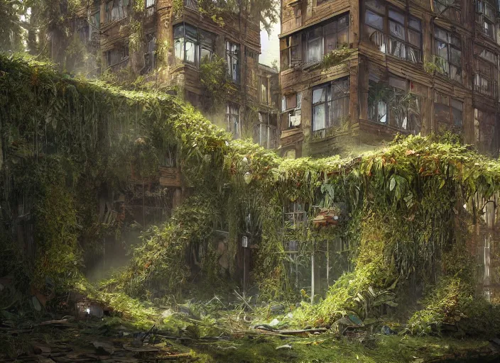 Image similar to overgrown foliage overtaking tall destroyed buildings, biopunk, scenery, professional, award - winning, trending on artstation, detailed, realistic, beautiful, emotional, shiny, golden, picture