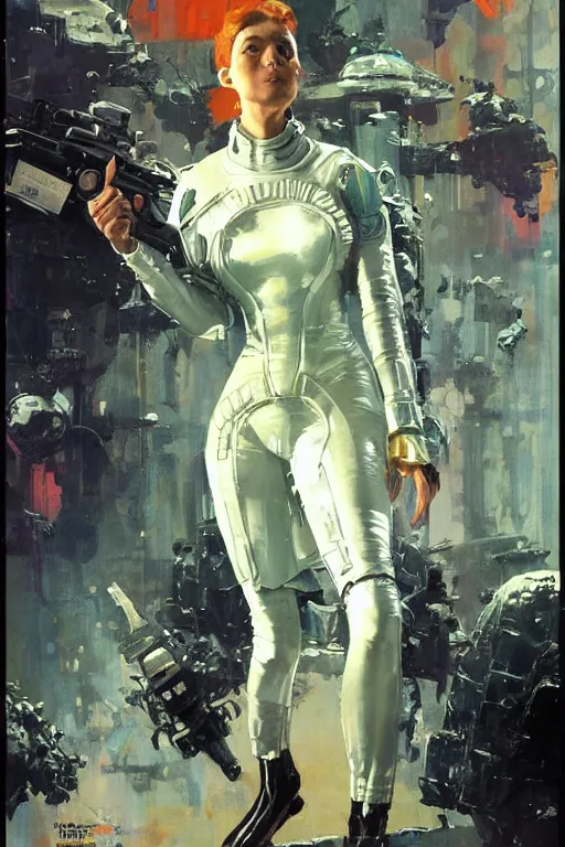 Image similar to pulp scifi fantasy illustration full body portrait of elegant woman wearing latex spacesuit, by norman rockwell, jack kirby, bergey, craig mullins, ruan jia, jeremy mann, tom lovell