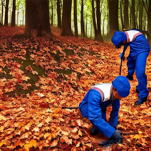 Image similar to closeup portrait of cleaners trying to hold back the falling leaves in a forest, detailed face, by Steve McCurry and David Lazar, CANON Eos C300, ƒ5.6, 35mm, 8K, medium-format print