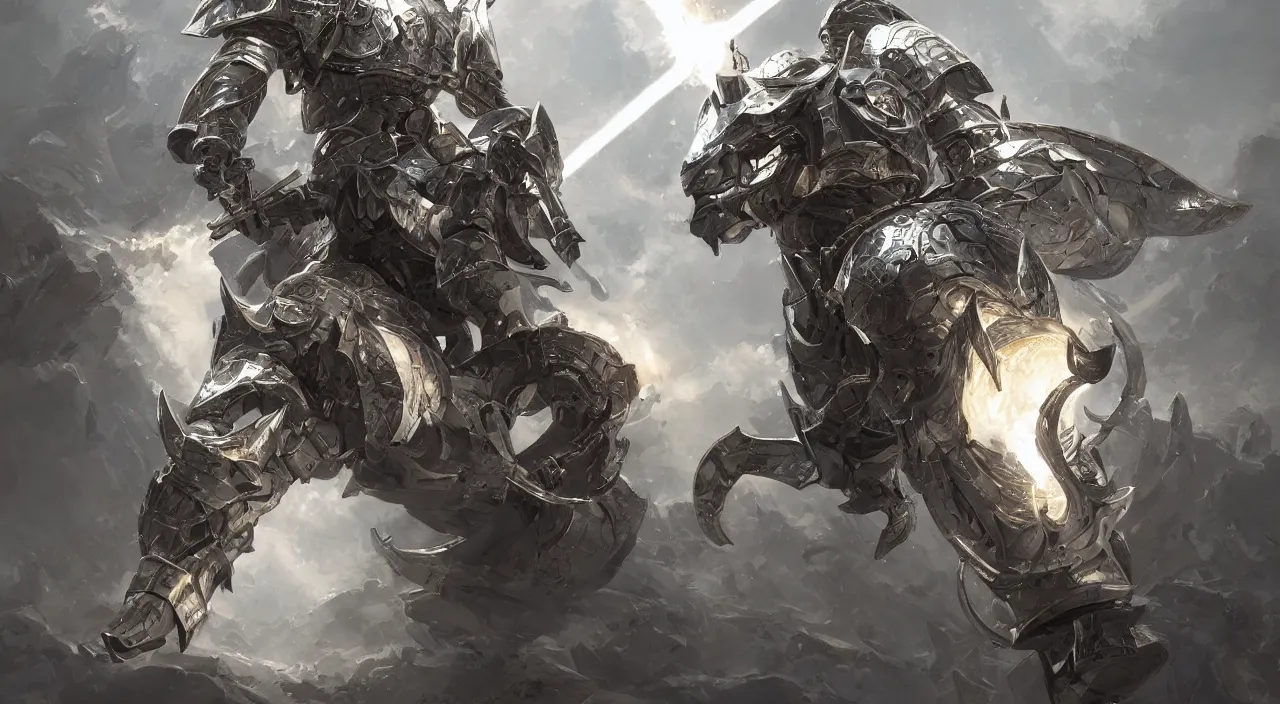 Prompt: Detailed paladin, completely covered in pristine silver armor, charging thorough a battlefield while glowing with radiant light, sun beaming down on him, intricate, highly detailed, digital painting, artstation, concept art, sharp focus, illustration, art by greg rutkowski and Ross Tran