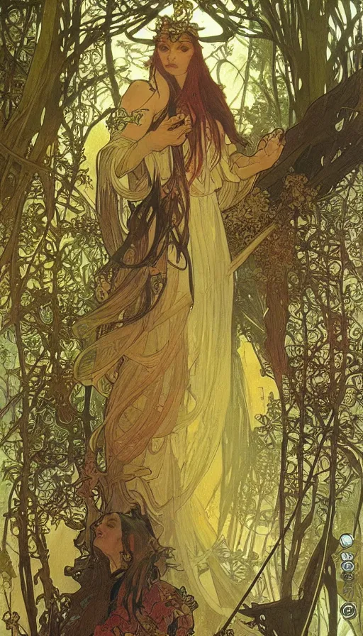 Image similar to concept art, lush forest, magic, gnarly details, gold, gems, dramatic lighting, denoised, painted by alphonse mucha