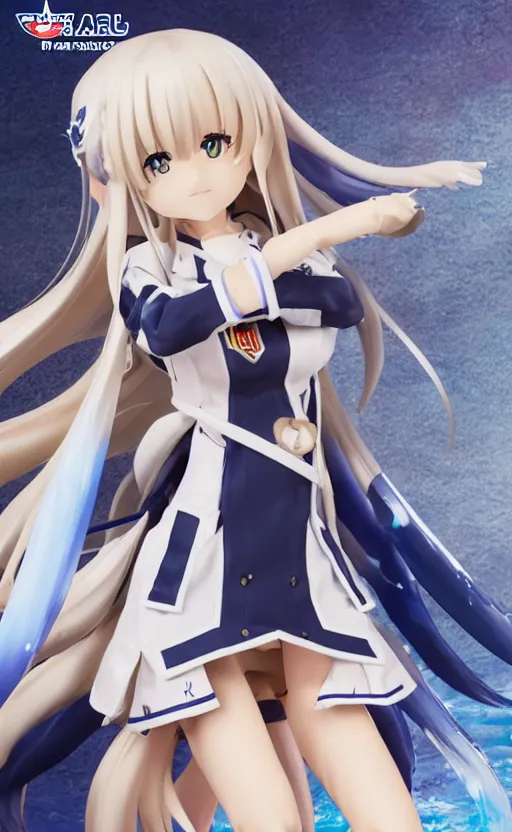 Image similar to azur lane official merchandise, featuring enterprise, toy photo, realistic face, water splash effect, portrait of the action figure of a tan girl, realistic character anatomy, 3d printed, plastic and fabric, figma by good smile company, collection product, desert background, navy flags, 70mm lens, hard surfaces, photo taken by professional photographer, trending on Twitter, symbology, 4k resolution, low saturation, realistic military gear