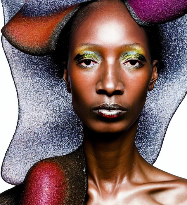 Image similar to photography facial portrait of naomi campell, natural background, natural pose, wearing a stunning hat by iris van herpen, with a colorfull - makeup. highly detailed, skin grain detail, photography by paolo roversi, nick knight, helmut newton, avedon, araki