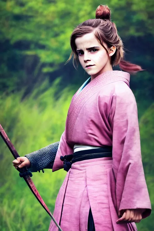 Image similar to highly detailed beautiful photo of emma watson as a young female samurai, practising sword stances, symmetrical face, beautiful eyes, pink hair, realistic anime art style, 8 k, award winning photo, pastels colours, action photography, 1 / 1 2 5 shutter speed, sunrise lighting