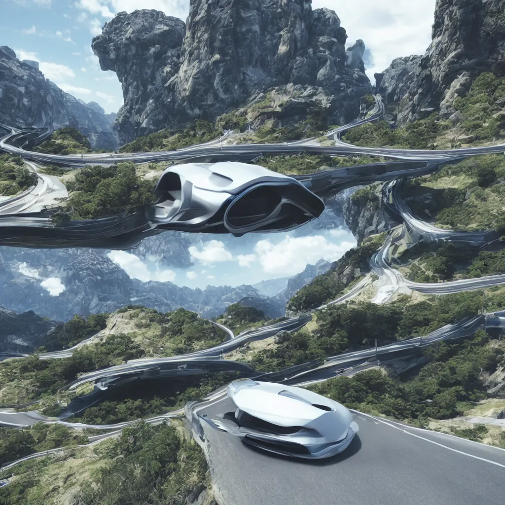 Image similar to futuristic car drive down a road in the mountains, unreal engine