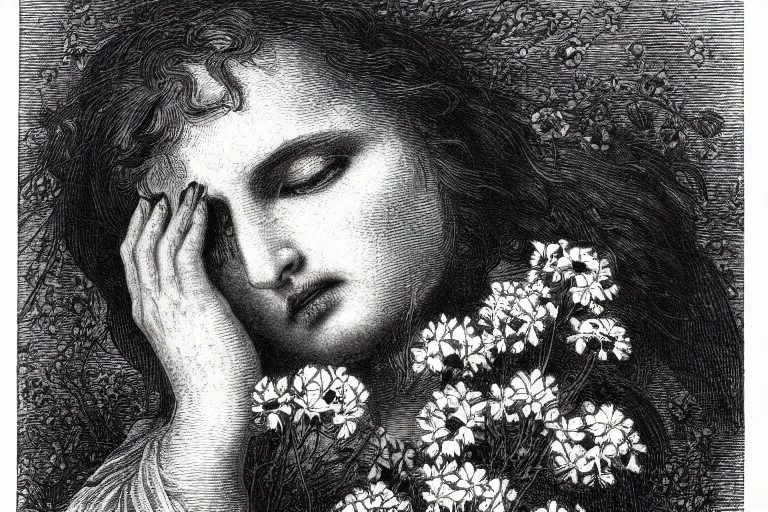 Image similar to black and white, close-up face of crying saint woman covered in flowers, Gustave Dore lithography