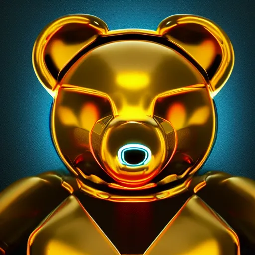 Image similar to chrome bear, glossy, metallic, neon, symmetrical, tribal patterns, realistic, unreal engine, octane, redshift, artstation, behance