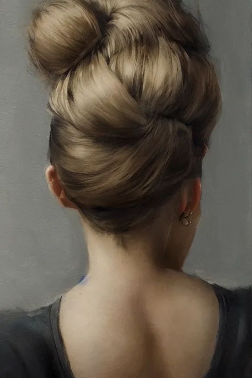 Prompt: girl with messy bun hairstyle, back view, tattoo sleeve, jeremy lipking, joseph todorovitch