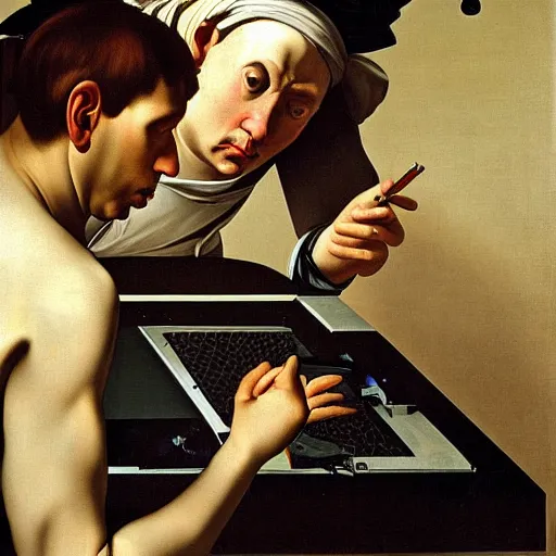 Prompt: man fixing his computer, painting by caravaggio