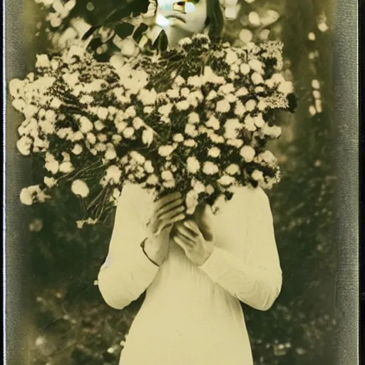 Image similar to portrait of a beautiful woman covered in flowers, Forest, ray gods, 1910 polaroid photography