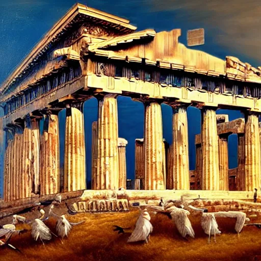 Prompt: the Parthenon with attached wings, flapping, oil on canvas, portrait, intricate, 8k highly professionally detailed, HDR, CGsociety