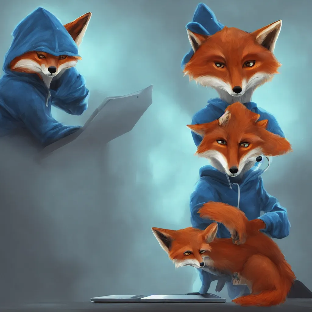 Image similar to an anthropomorphic fox in a blue hoodie typing on a keyboard, dark tones, concept art, digital art, highly detailed