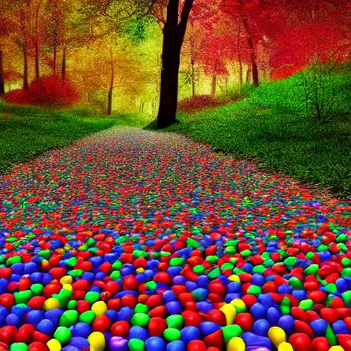 Prompt: a forest made out of skittles, a walking cobblestone path with a 🚫 sign, digital art, UE5 render.