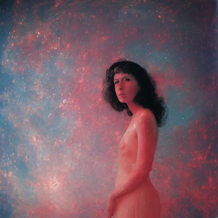 Image similar to a closeup portrait of a woman wrapped in plastic, standing in front of a burning nebulae, color photograph, by vincent desiderio, canon eos c 3 0 0, ƒ 1. 8, 3 5 mm, 8 k, medium - format print