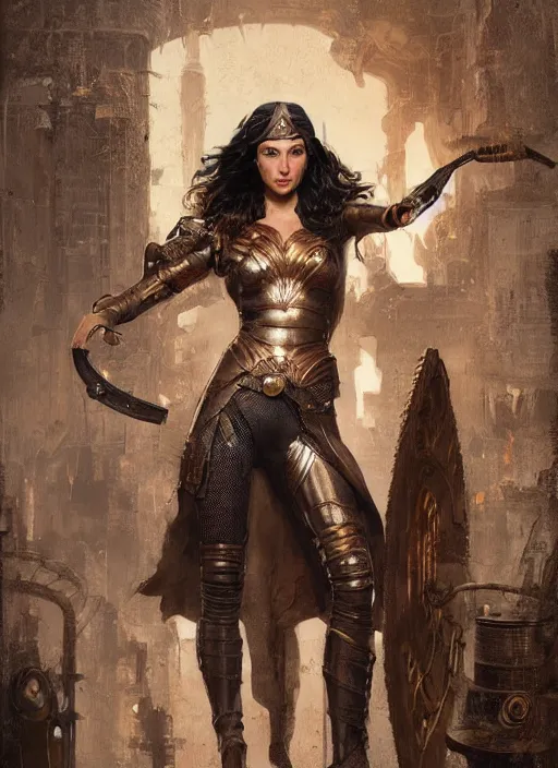 Image similar to highly detailed steampunk gal gadot standing, steel age : leonardo da vinci, greg rutkowski, magali villeneuve