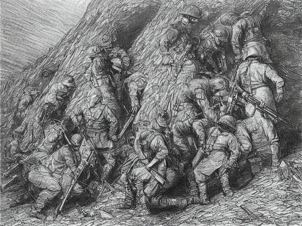 Prompt: drawing from the trenches of the first world war. Artwork by Gustave Dore