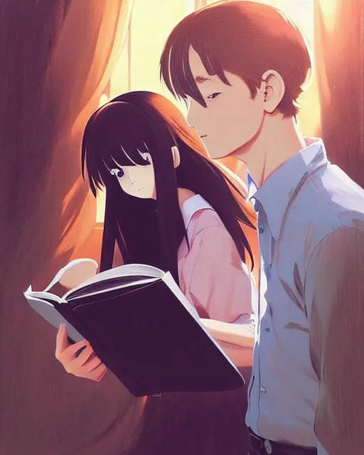 Image similar to cute girl reading book with her boyfriend, shy emotion. | very very anime!!!, fine - face, audrey plaza, realistic shaded perfect face, fine details. anime. very strong realistic shaded lighting poster by ilya kuvshinov katsuhiro otomo ghost, magali villeneuve, artgerm, jeremy lipkin and michael garmash and rob rey