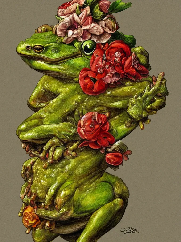 Prompt: Frog in style of Guiseppe Arcimboldo, sharp, masterpiece, artstation