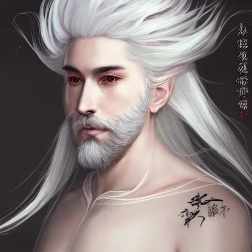 Image similar to white haired robe fu xi full male body portrait, very long white beard and hair, fine delicate prefect face features gaze, aerith gainsborough, elegant, smooth, sharp focus, masterpiece, style of tom bagshaw, cedric peyravernay, peter mohrbacher, victo ngai, pinterest, 4 k hd illustrative wallpaper, animation style, chinese style