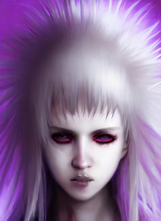 Image similar to hair whitebangs hair, white cyberlox, portrait of normal teenage girl, normal face, black bangs, messy bangs, fluffy bangs, cyberlox, whitebangs, red contact lenses, purple background, intricate, elegant, highly detailed, digital painting, artstation, concept art, sharp focus, smooth, illustration, art by wlop, mars ravelo and greg rutkowski