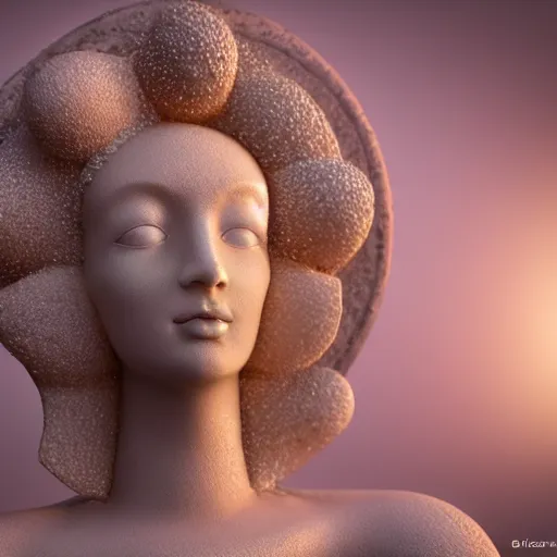 Image similar to sponge sculpture goddess of space, beauty, pretty face, glossy skin, stars, glowing, soft light, hdri, smooth, sharp focus, fantasy, intricate, elegant, highly detailed, 8 k