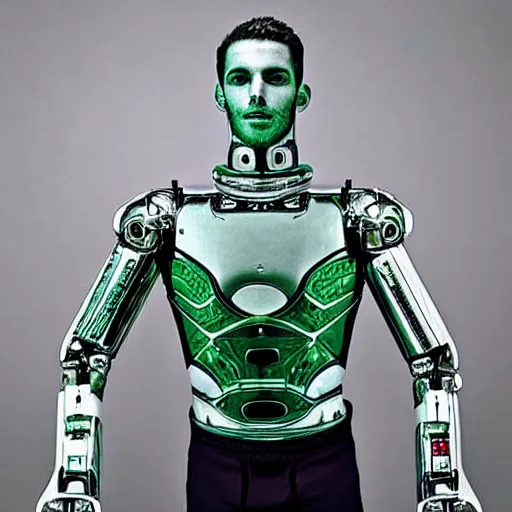 Image similar to “a realistic detailed photo of a guy who is an attractive humanoid who is half robot and half humanoid, who is a male android, Tyler Seguin, shiny skin, posing like a statue, blank stare”