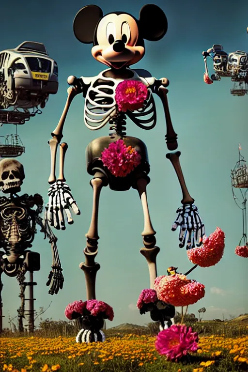 Prompt: a skeletal, mickey mouse made out of flowers and bones, taking a giant robot for a walk in the cyberpunk countryside by beeple, nychos and arcimboldo, highly detailed octane render