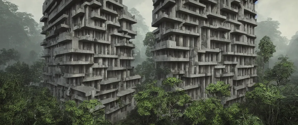 Image similar to brutalist architecture inspired by louis kahn deep in the rainforest. nature is taking over. matte painting by ivan laliashvili. unreal engine 5 render. color scheme blueish. hard shadows. cinematic.