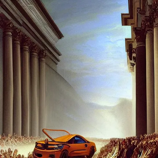 Image similar to sci fi car transport design organic smooth elastic forms 30% of canvas; wall structure on the coronation of napoleon painting 20% of canvas; by Jacques-Louis David, pinterest keyshot product render, cloudy plastic ceramic material shiny gloss water reflections, ultra high detail ultra realism, 4k
