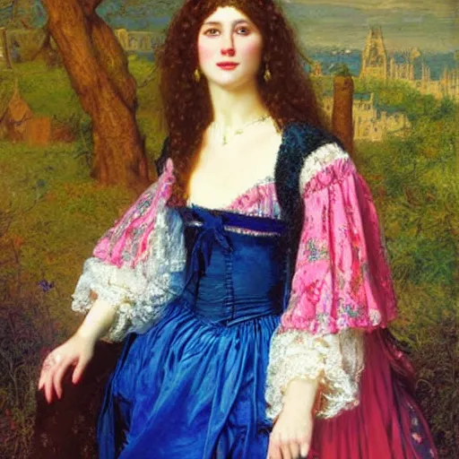 Image similar to portrait of a woman dressed in blue and pink, by howard david johnson.