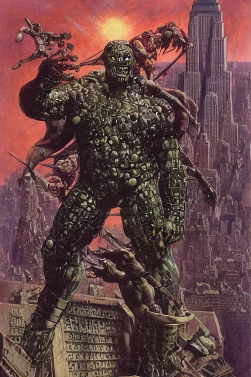 Prompt: full length portrait of mariusz pudzianowski as an armoured hulking marvel villain fighting extraterrestrial invaders in new york, dynamic action, by lawrence alma tadema and zdzislaw beksinski and norman rockwell and jack kirby and tom lovell and greg staples and michael alford