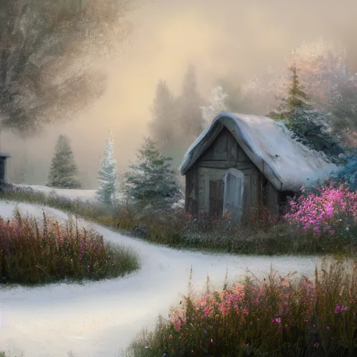 Prompt: a matte painting of a prairie, cottage close up, snow, foggy, patchy flowers, oil painting, pale colors, high detail, 8 k, wide angle, trending on artstation,