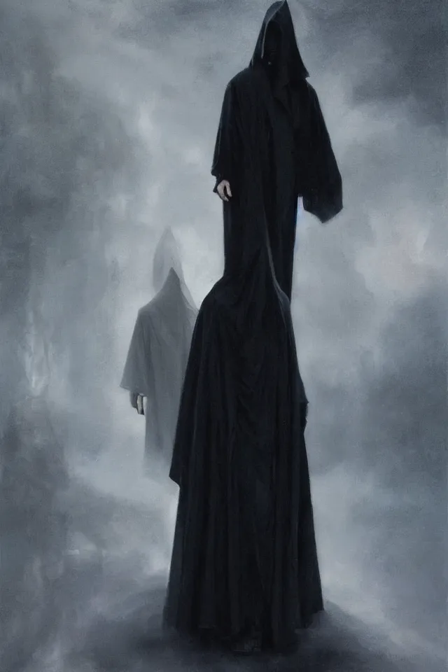 Prompt: painting of a beautiful tall thin man with pale skin, in black robes by bill sienckiwicz, greg rutkowski, high detail, high contrast, rim light, atmospheric