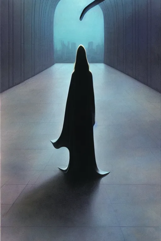 Prompt: emissary space by arthur haas and bruce pennington and john schoenherr, cinematic matte painting, zaha hadid building, photo realism, dark color palate, woman walking alone,