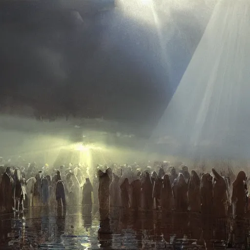 Prompt: painting of Christ coming up from beneath the water in the Jordan River, his eyes fixed toward the sky, his mouth agape, the sky is dark with god rays filtering through in the distance, a crowd looks on in silence in the far background, by Jeremy Mann, stylized, detailed, realistic, loose brush strokes