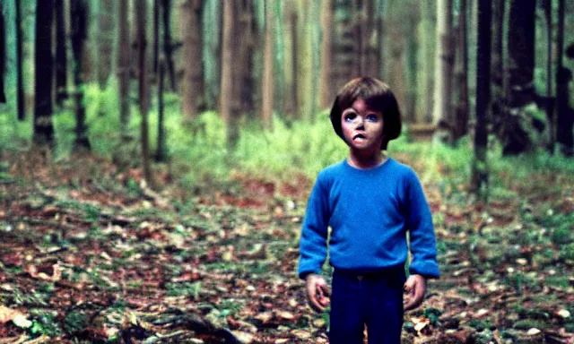 Prompt: kid looking at camera in forest at dusk, colorized 70s photo, out of focus, motion blur, cctv footage, horror movie, horror lighting, blair witch project, old photo, found footage