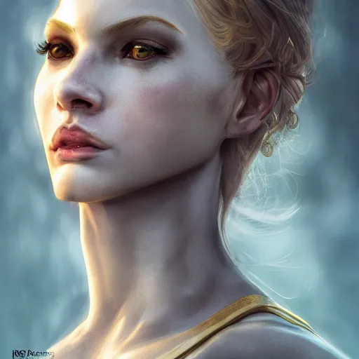 Image similar to centered detailed portrait of Angerboda, realistic character concept, beautiful crusader-women girl, identical eyes, gazing eyes, beautiful eyes medium shot, elegant pose, fantasy, illustration, slender symmetrical face and body, artstation, cinematic lighting, hyperdetailed, cgsociety, 8k, high resolution, Tom Richmond, single face, insanely detailed and intricate, octane render, golden ratio, dark fractal background, vfx, postprocessing, freckles, alluring