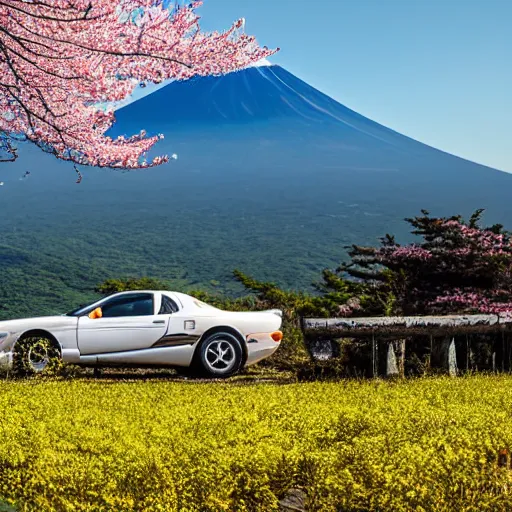 Prompt: a jdm mazda rx 7 driving by mount fuji early in the morning with a few blossom trees around, high quality photo