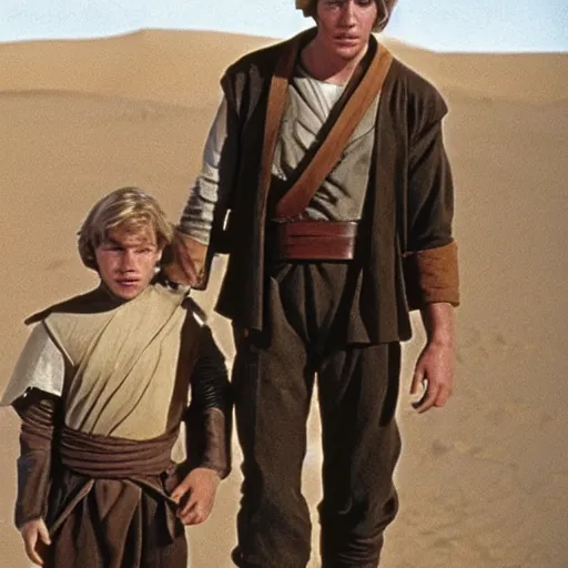 Image similar to young patrick stewart with wavy blond hair as luke skywalker on tatooine