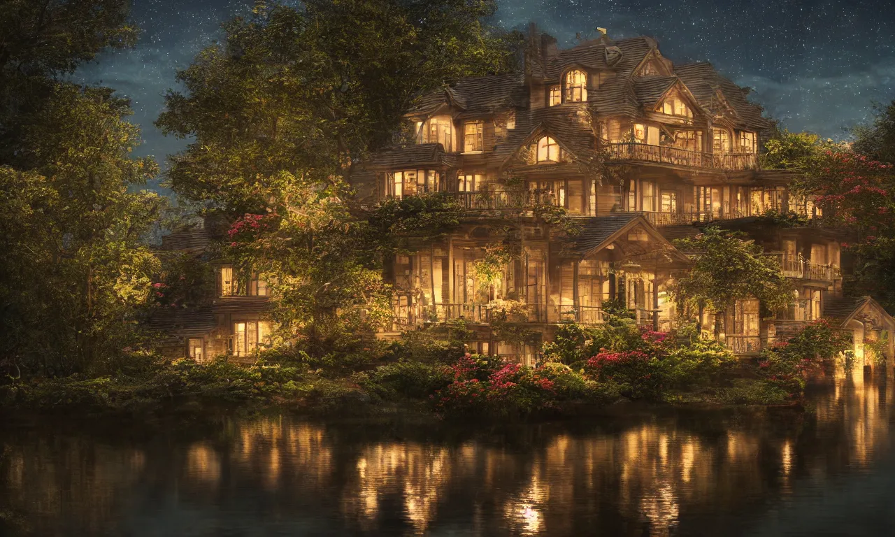 Prompt: one stunningly beautiful lake house in the moonlit nightscape, house by the reflective lake in the evening, lamps and flowers, beautiful garden, highly detailed textures, photorealistic house, beautiful soft lighting, landscape photography, nature photography, perfect landscape, trending on artstation, 4 k, soothing, dreamy