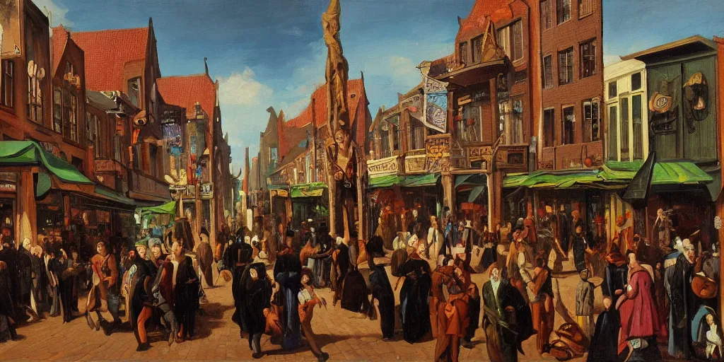 Prompt: Busy alien shopping district, oil painting in the style of the Dutch masters, very detailed